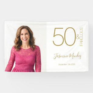 Custom Photo 50th Birthday Gold White 50& Fabulous Banner