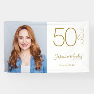 Custom Photo 50th Birthday Gold White 50& Fabulous Banner