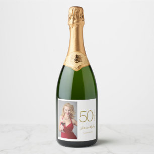 Custom Photo 50th Birthday Gold White 50& Fabulous Sparkling Wine Label