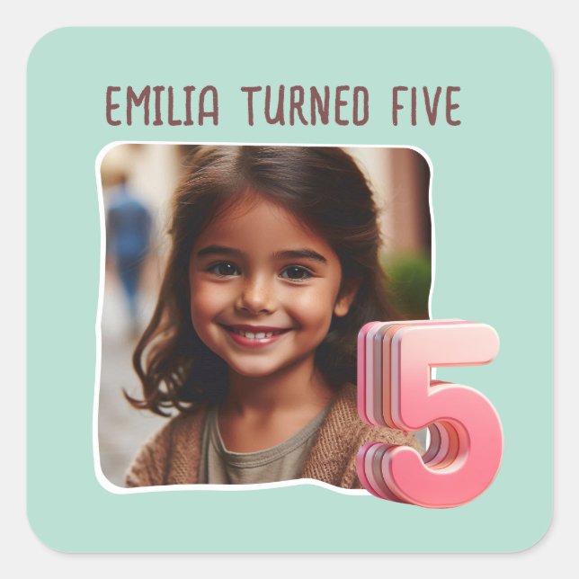 Custom Photo 5th Birthday Party Square Sticker (Front)