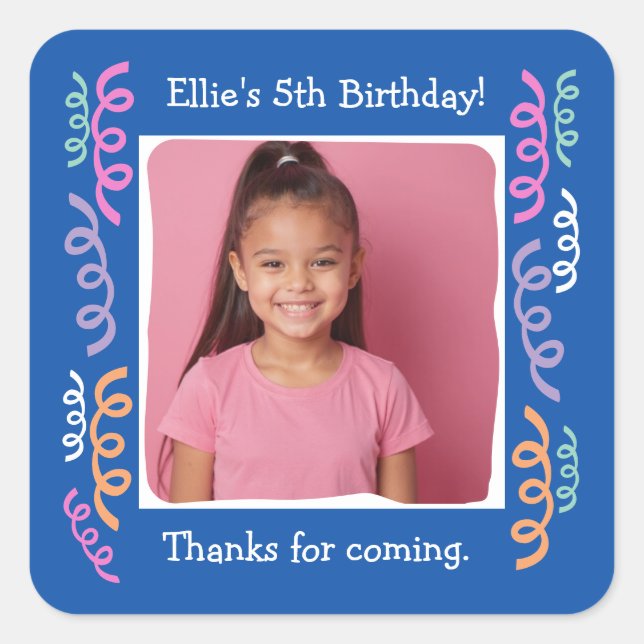 Custom Photo 5th Birthday Party Streamers Square Sticker (Front)