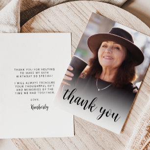 Custom Photo 60th Birthday Party Black Script Thank You Card
