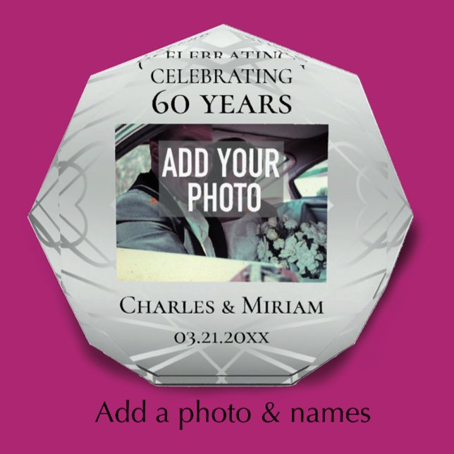 Custom Photo 60th Diamond Anniversary Keepsake Block (Create an elegant unique anniversary photo keepsake. Add a photo & couple’s names & anniversary date)