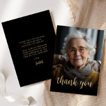 Custom Photo 80th Birthday Party Thank You Card<br><div class="desc">The front of this 80th birthday invitation features the guest of honour's photo with the words "thank you" in elegant gold-coloured calligraphy script overlay. A dark screen helps make the text pop. Customise the reverse side with your personal message in gold-coloured sans serif font and your name in script on...</div>