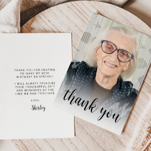 Custom Photo 90th Birthday Party Black Script Thank You Card