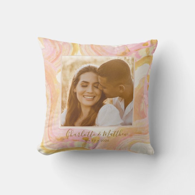 Custom Photo Abstract Pink Swirl Trendy Newlywed Cushion (Front)