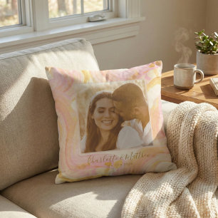 Custom Photo Abstract Pink Swirl Trendy Newlywed Cushion
