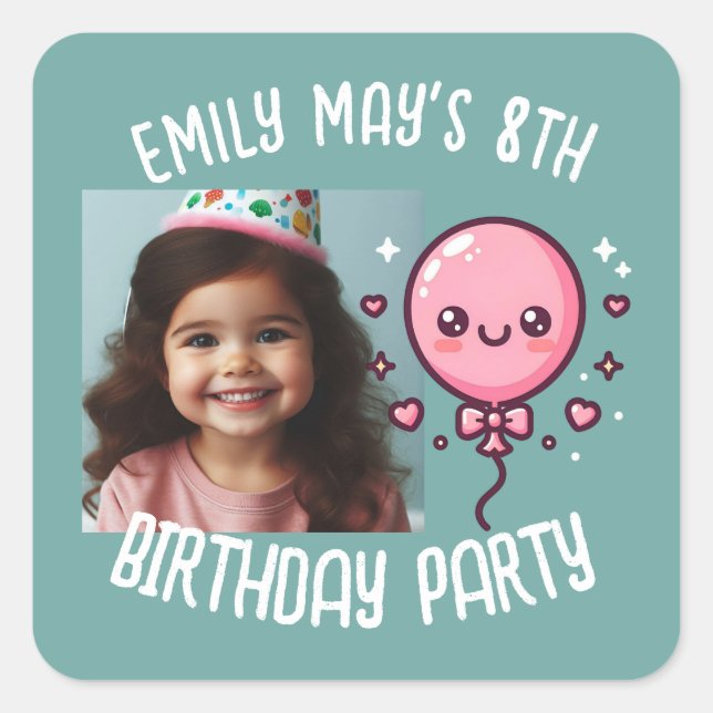 Custom Photo Add Name Cute Birthday Balloon  Square Sticker (Front)