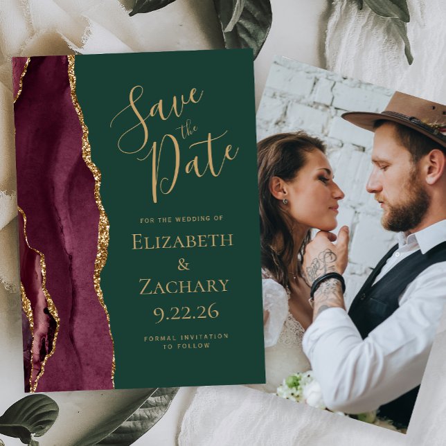 Custom Photo Agate Burgundy Green Save the Date Invitation (Creator Uploaded)