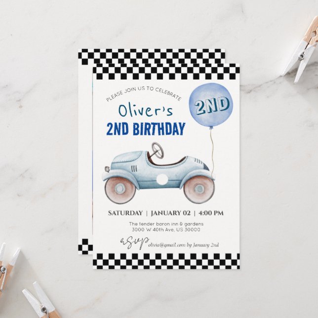 Custom photo, All age, car theme boy birthday Invitation (Front/Back In Situ)