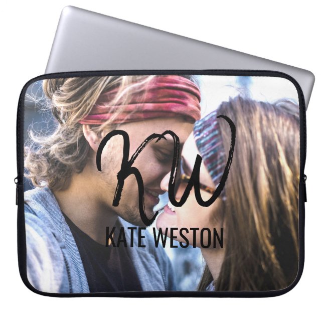 Custom Photo and Brush Script Monogram Laptop Sleeve (Front)