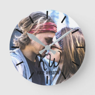 Custom Photo and Brush Script Monogram Round Clock