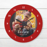 Custom Photo and Family Name Personalised<br><div class="desc">Create a special one of a kind round or square wall clock personalised with your photo and family name monogram. The design features simple modern red and white colours, or use the design tools to choose any fonts and colours to match your own home decor style. A custom clock is...</div>