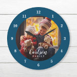 Custom Photo and Family Name Personalised Large Clock<br><div class="desc">Create a special one of a kind round or square wall clock personalised with your photo and family name monogram. The design features simple modern navy blue and white colours, or use the design tools to choose any fonts and colours to match your own home decor style. A custom clock...</div>