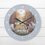 Custom Photo and Family Name Personalised Large Clock<br><div class="desc">Create a special one of a kind round or square wall clock personalised with your photo and family name monogram. The design features simple modern black and white fonts, or use the design tools to choose any fonts and colours to match your own home decor style. A custom clock is...</div>