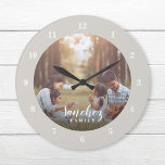 Custom Photo and Family Name Personalised Large Clock<br><div class="desc">Create a special one of a kind round or square wall clock personalised with your photo and family name monogram. The design features simple modern black and white fonts, or use the design tools to choose any fonts and colours to match your own home decor style. A custom clock is...</div>