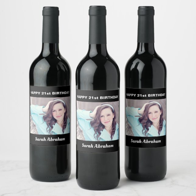 Custom Photo and Name 21st Happy Birthday Party  Wine Label (Bottles)