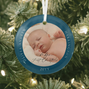 Custom Photo and Name Baby's First Christmas Blue Glass Tree Decoration