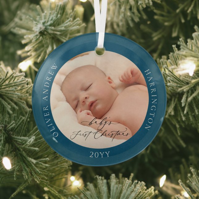 Custom Photo and Name Baby's First Christmas Blue Glass Tree Decoration (Insitu)
