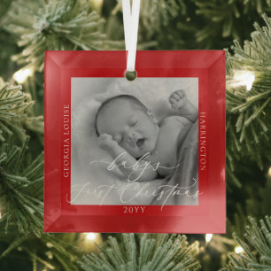 Custom Photo and Name Baby's First Christmas Glass Tree Decoration
