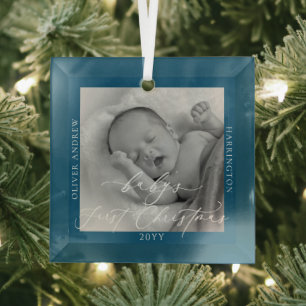 Custom Photo and Name Baby's First Christmas Glass Tree Decoration