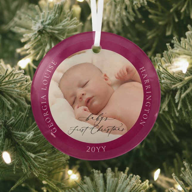 Custom Photo and Name Baby's First Christmas Ruby Glass Tree Decoration (Insitu)