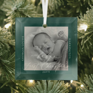 Custom Photo and Name Baby's First Green Christmas Glass Tree Decoration