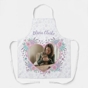 Custom Photo and Name Cat Lover Floral Heart Apron