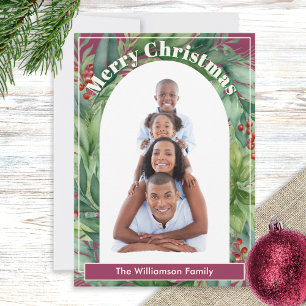 Custom Photo and Name Elegant Greenery Christmas Holiday Card