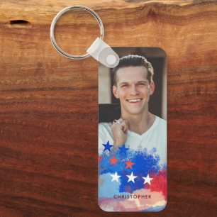 Custom Photo and Name with American Flag Key Ring