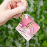 Custom photo and nameBaby girl's first birthday  Key Ring<br><div class="desc">A fun little giveaway at your child's first birthday. Give each guest a memorable token with baby's 1st birthday photo personalised with their name, date and event. Use the photo from the cake smash, customise these square keychains for those loot bags. Sweet, and unique to remember the milestone first birthday...</div>