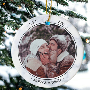 Custom Photo And Text Merry and Married Xmas Ceramic Tree Decoration