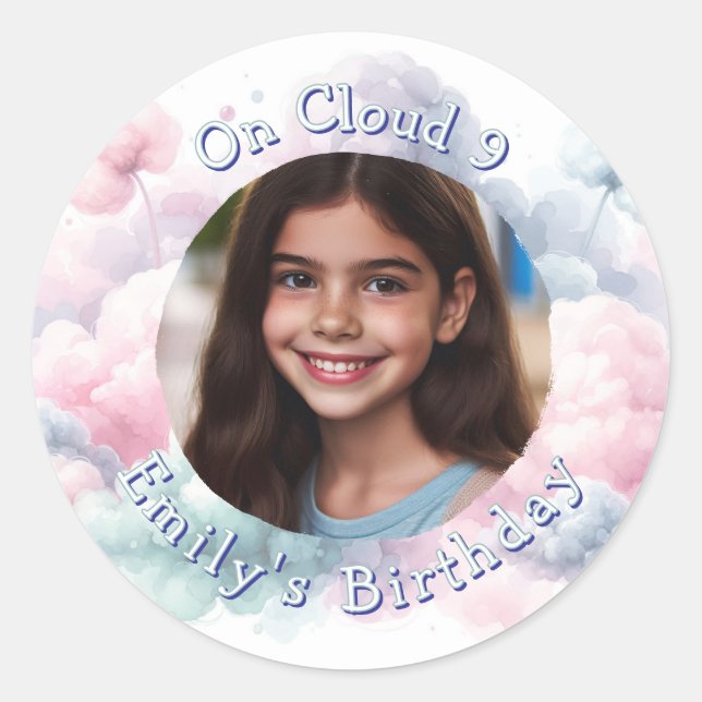 Custom Photo and Text On Cloud 9 Birthday Party  Classic Round Sticker (Front)