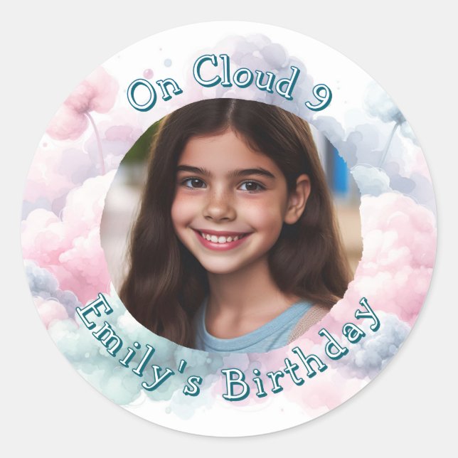 Custom Photo and Text On Cloud 9 Birthday Party  Classic Round Sticker (Front)