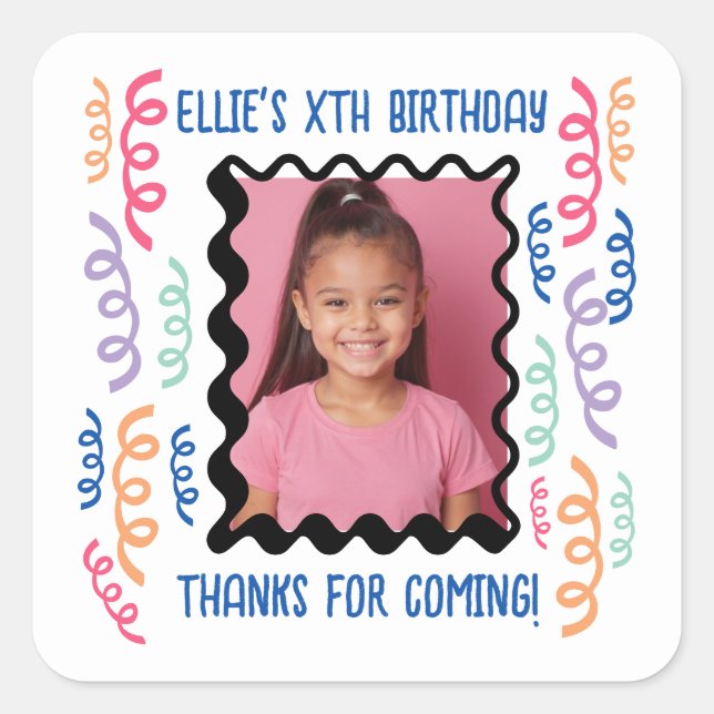 Custom Photo Any Age Birthday Doodles Streamers  Square Sticker (Front)