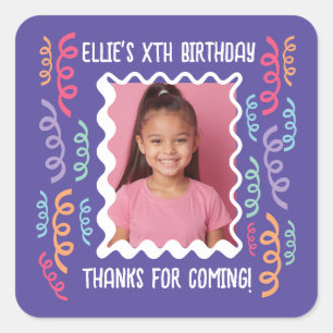 Custom Photo Any Age Birthday Doodles Streamers Square Sticker