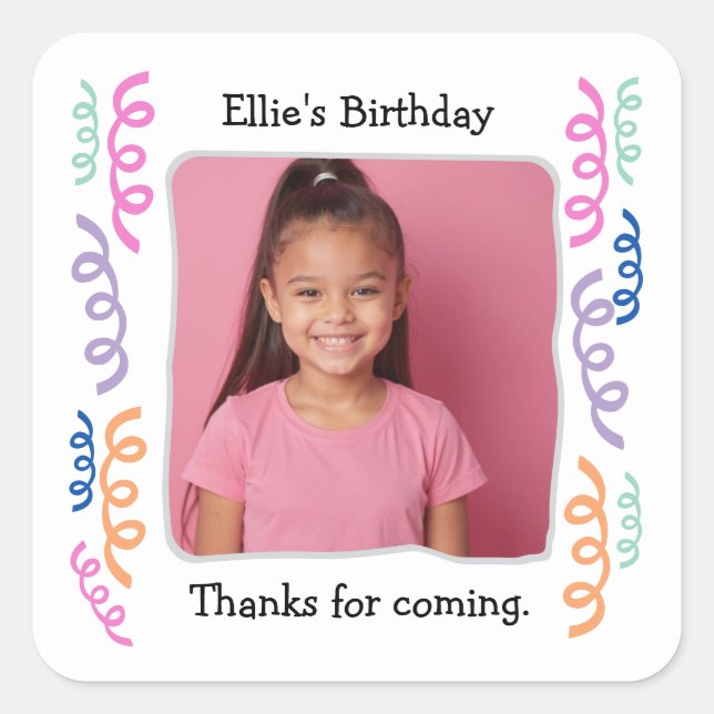 Custom Photo Any Age Birthday Party Streamers Square Sticker (Front)