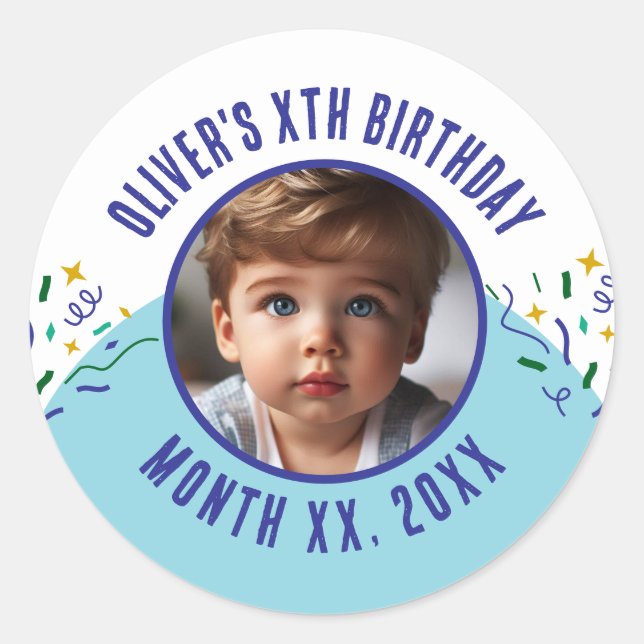 Custom Photo Any Age Confetti Birthday Party Classic Round Sticker (Front)