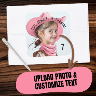 Custom Photo Any Age Pink Cowgirl Theme Birthday  Square Sticker