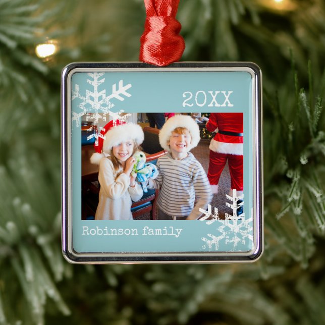 Custom Photo Aqua Blue Ornament with Snowflakes (Tree)