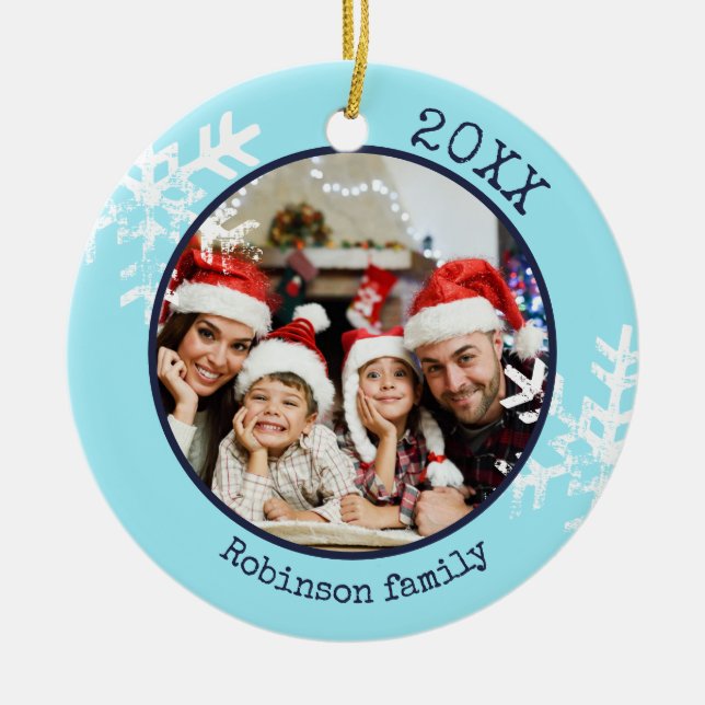 Custom Photo Aqua Blue Snowflake Circle Ornament (Front)