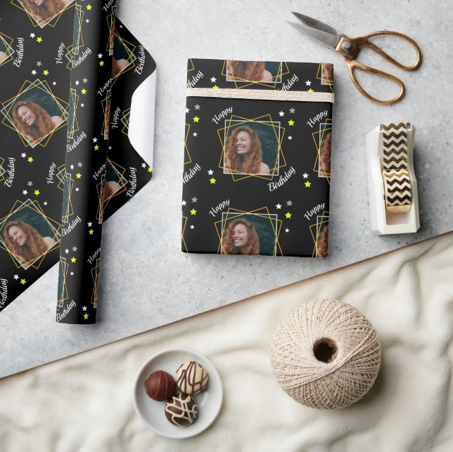 Custom Photo Art Deco Squares Black Wrapping Paper (Crafts)