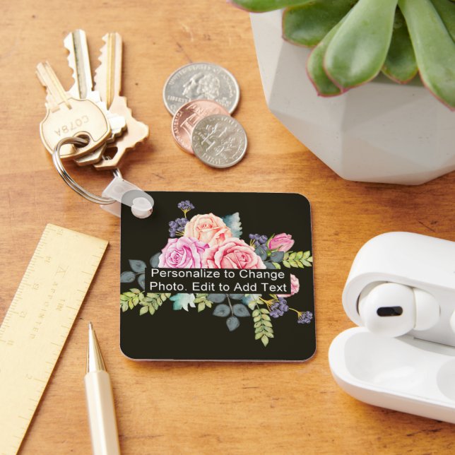 Custom Photo Art Name Monogram Quote Alum Square Key Ring (Desk)
