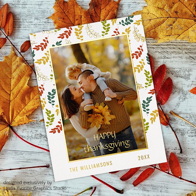 Custom Photo Autumn Leaves Pattern Foil Holiday Postcard (Creator Uploaded)
