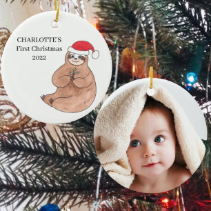 Custom Photo Baby Girl's First Christmas Sloth Ceramic Tree Decoration