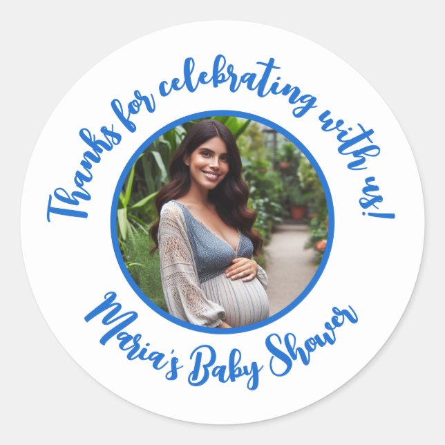 Custom Photo Baby Shower Modern Script Thank You Classic Round Sticker (Front)