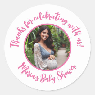 Custom Photo Baby Shower Modern Script Thank You Classic Round Sticker