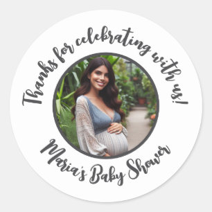 Custom Photo Baby Shower Modern Script Thank You Classic Round Sticker
