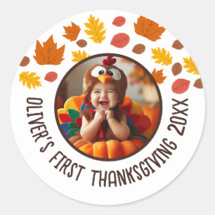Custom Photo Baby's 1st Thanksgiving Fall Gift  Classic Round Sticker