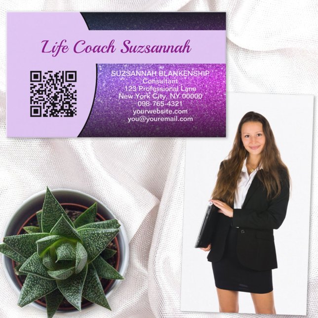 Custom Photo Back Purple Glitter QR Code Front Business Card (Creator Uploaded)